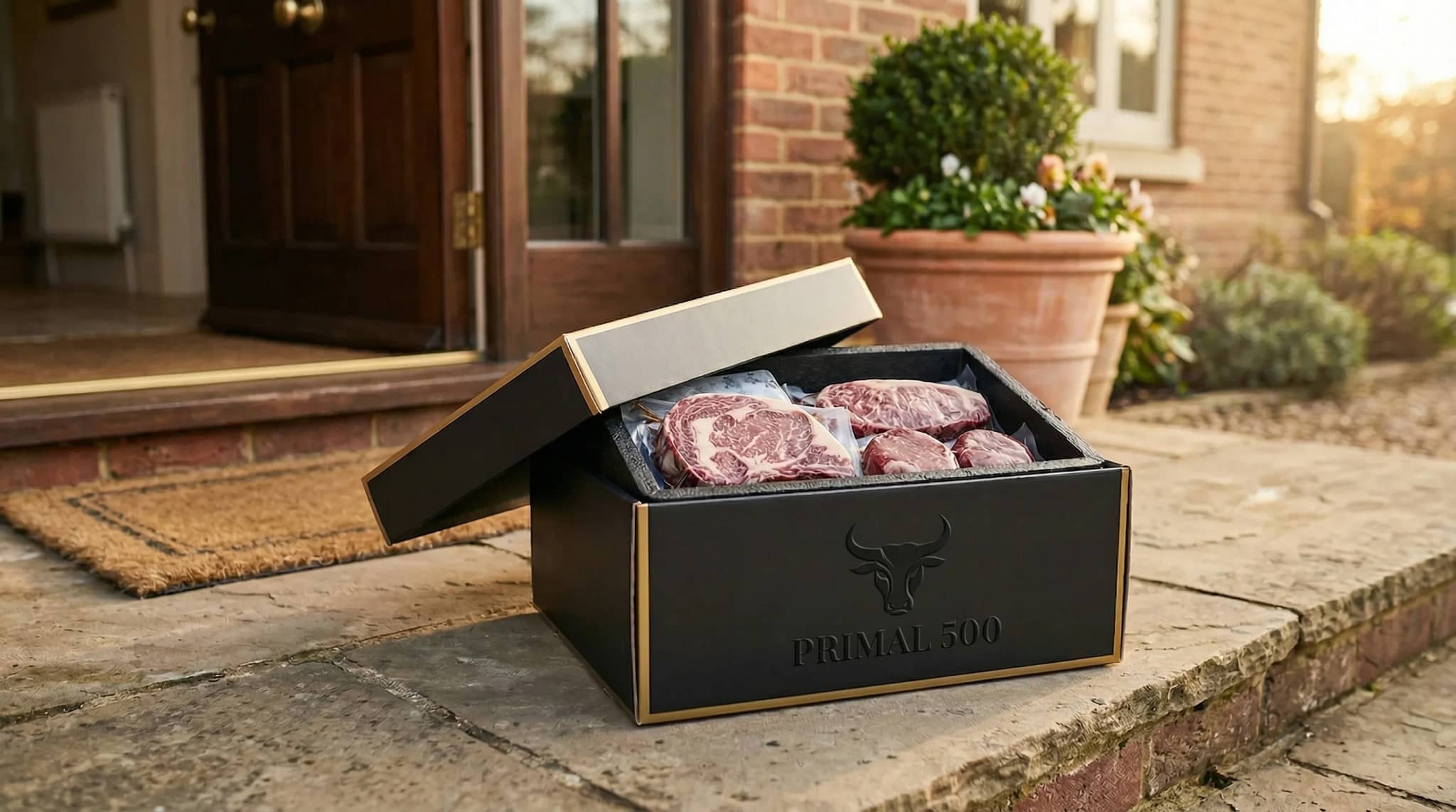 Primal 500 Starter Box delivered to a member's doorstep, opened to show vacuum-sealed cuts.