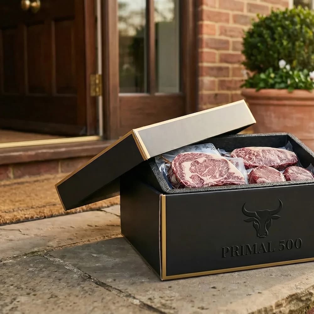 A Primal 500 delivery box of cuts on a doorstep.