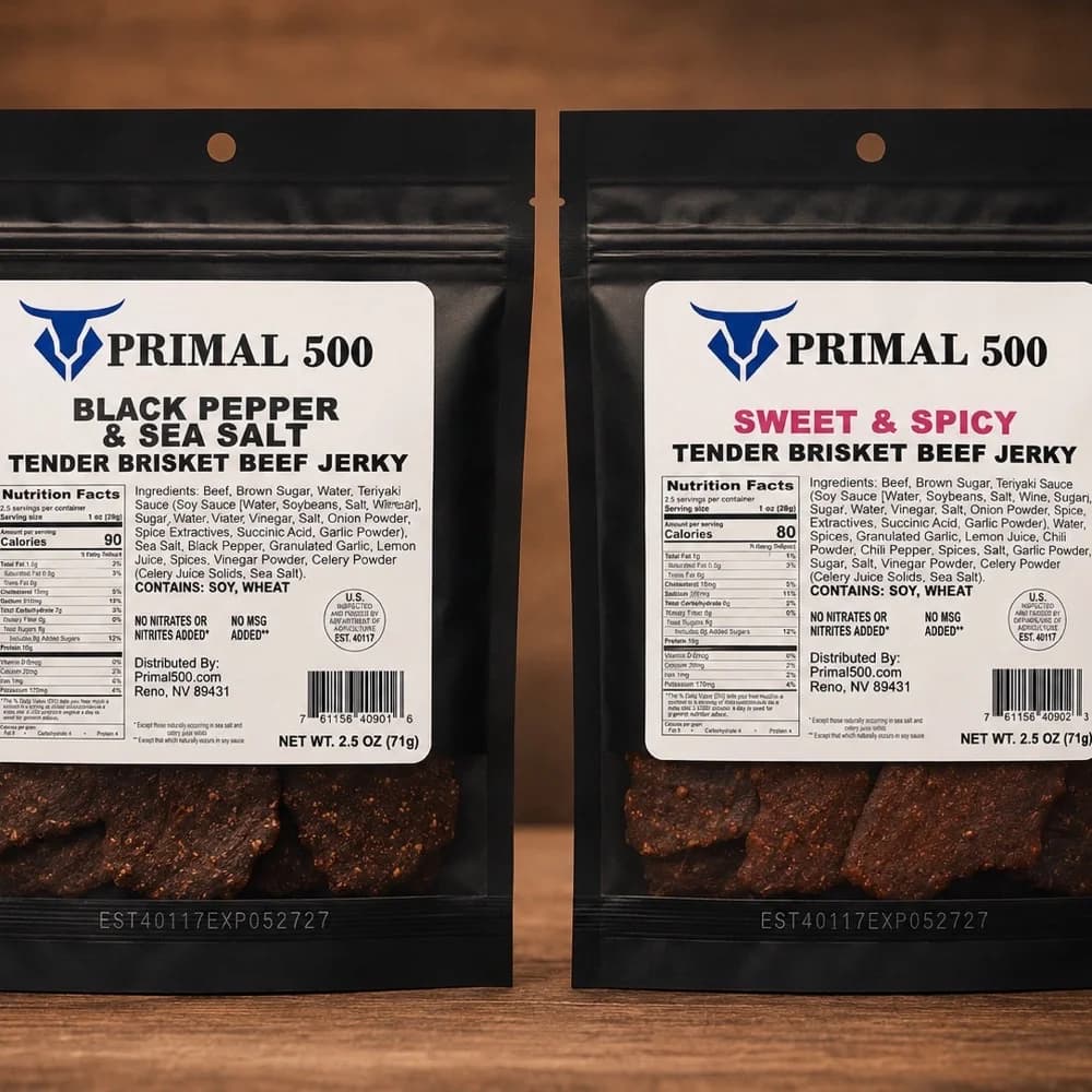Two bags of Primal 500 Tender Brisket beef jerky: Black Pepper & Sea Salt and Sweet & Spicy.