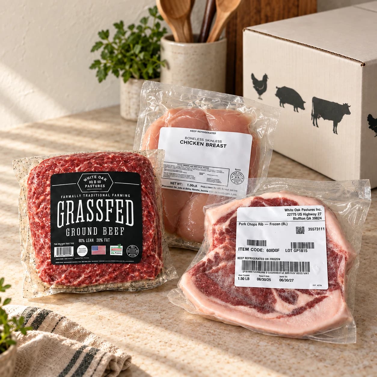 Labeled, vacuum-sealed ground beef, chicken breast and pork chops beside a Primal 500 delivery carton