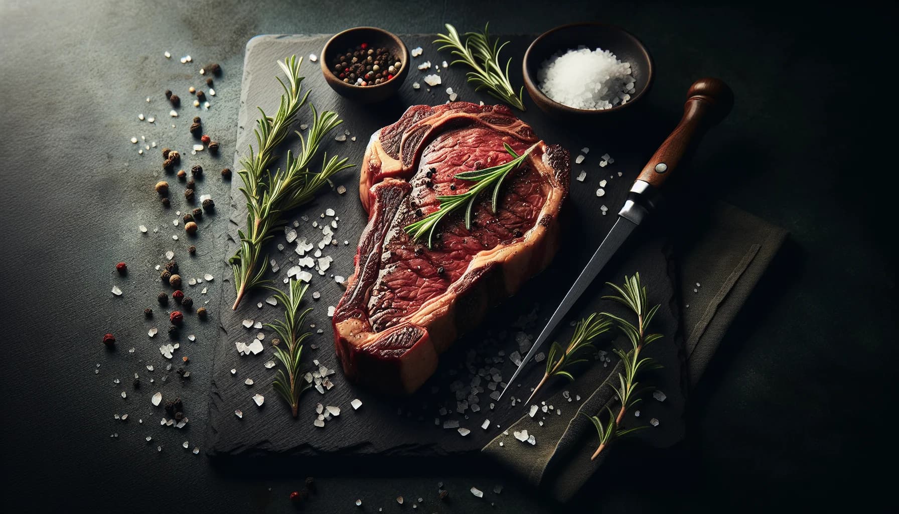 Premium grass-fed steak, rested on dark slate with rosemary, salt and peppercorns